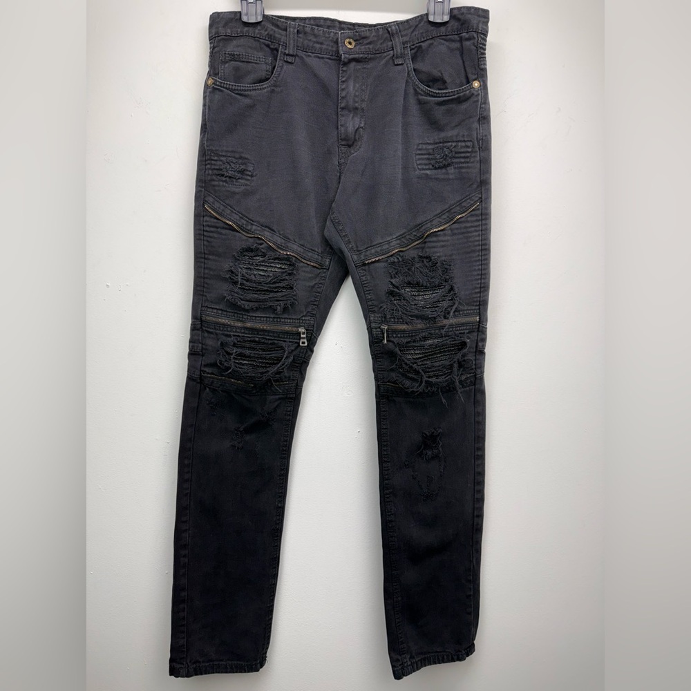 Smoke Rise size 36x34 Men’s Black Distressed Denim Moto Biker Skinny Jeans